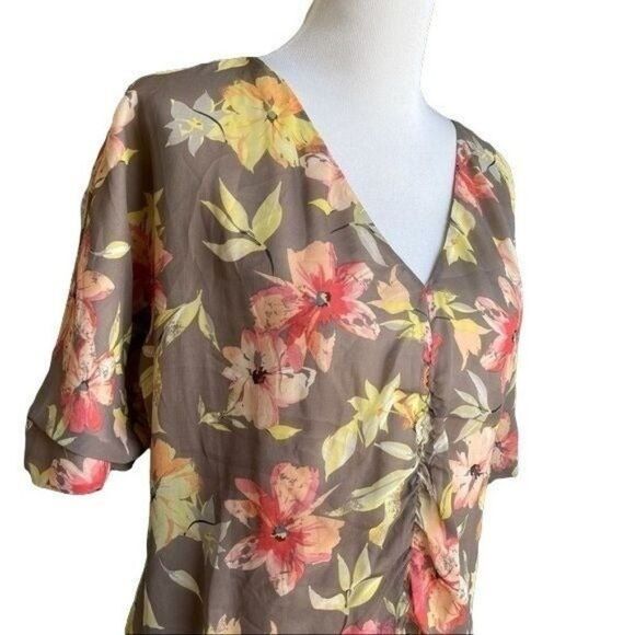 Sundance Brown Floral Short Sleeves Ruched V-Neck Silk Dress Size 14 - Picture 7 of 10